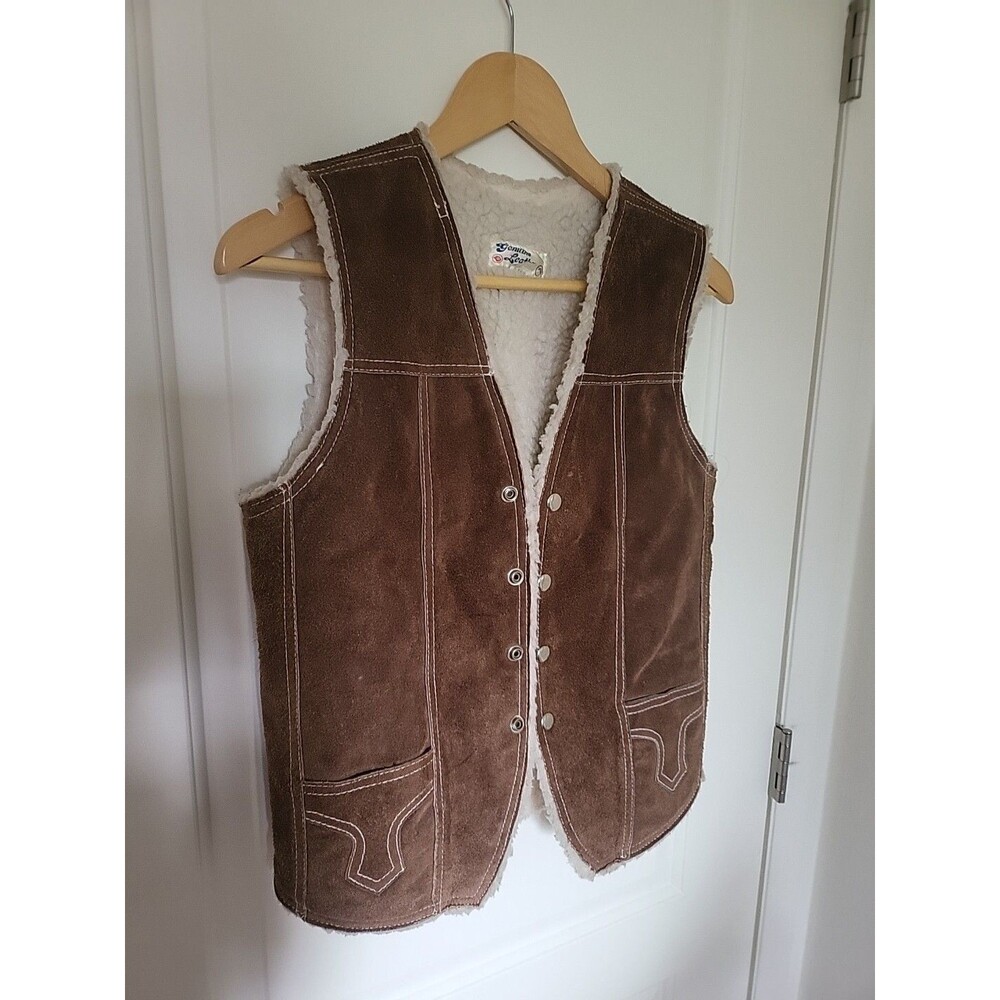 Vintage 1970s 80s Mexican Suede Vest S M Jacket Sherpa Lined Horse Cowboy